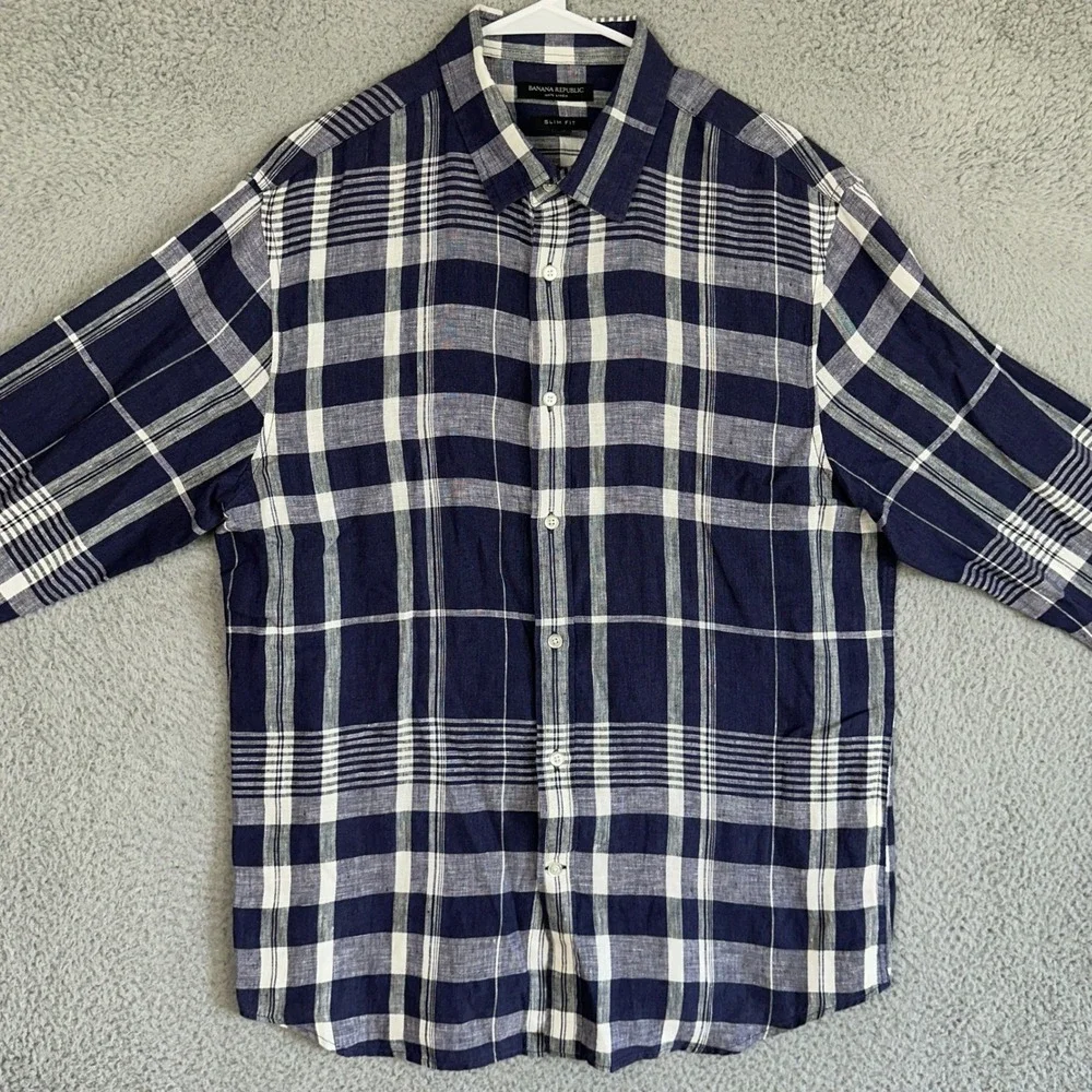 Banana Republic 100% Linen Shirt Mens Large Navy White Plaid Slim Fit Button Up